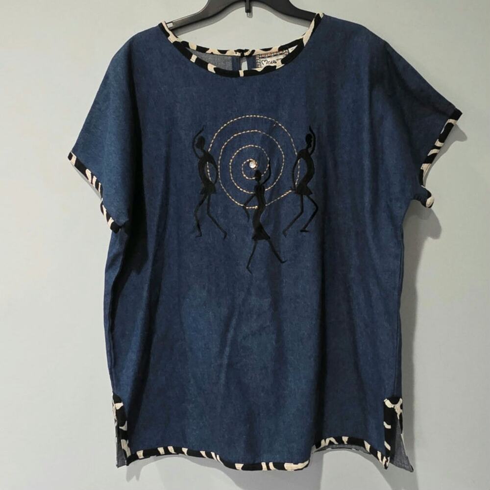 Molato Womens Large Denim Chambray Top Embroidered Art To Wear Boho Tunic